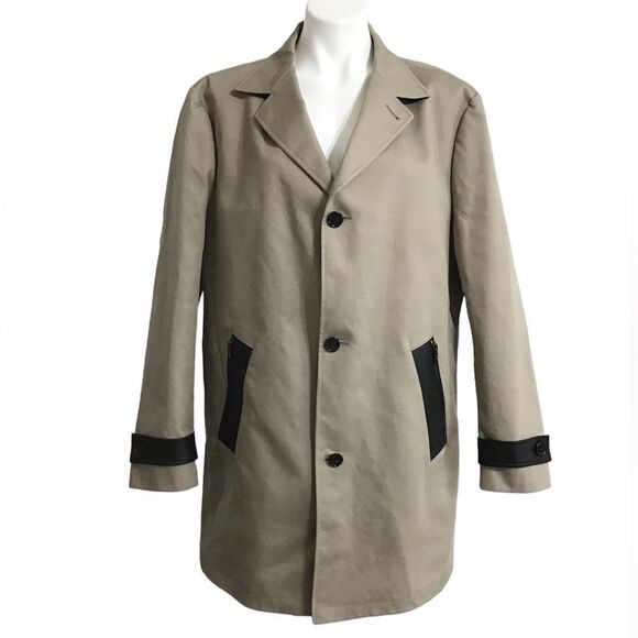 Michael Kors Men Tan Leather Trimmed Trench Coat Size XL - Picture 1 of 16